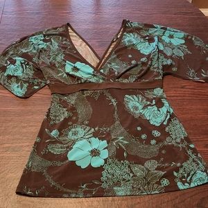 XL brown & teal blouse